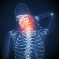 Skeleton holding sore neck